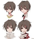  1boy bleeding_from_forehead blood blood_from_mouth blood_on_clothes blood_on_face brown_eyes brown_hair chinese_commentary closed_mouth collared_shirt commentary_request frown green_shirt hair_between_eyes highres jabuchi_you male_focus multiple_views necktie red_necktie saaar saibou_shinkyoku shirt short_hair simple_background smile white_shirt 