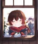  2girls ^_^ beanie blush brown_hair closed_eyes grin hat kantai_collection kisaragi_(kantai_collection) long_hair multiple_girls mutsuki_(kantai_collection) purple_eyes purple_hair short_hair smile snow snow_bunny snowman totto_(naka) window 