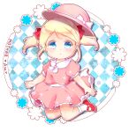  1girl ana_(mother) blonde_hair blue_eyes blush bow child dress hat highres mary_janes mother_(game) mother_1 pink_dress pink_hat red_bow red_footwear ribbon shoes short_hair short_twintails twintails yamamori_uniko 