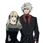  1boy 1girl black_dress black_necktie black_ribbon blonde_hair dress english_commentary green_eyes hair_ribbon hand_in_pocket hand_on_another&#039;s_hip highres looking_at_another looking_to_the_side ma0ma0_0 maka_albarn necktie red_eyes ribbon sharp_teeth smile soul_eater soul_evans teeth twintails white_hair 
