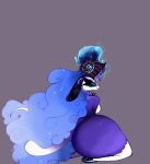  anthro big_butt blue_hair bovid breasts butt caprine cosmic_hair demon ears_down ethereal_hair fan_character female hair helluva_boss hi_res hooves horn humanoid long_tail lufezito mammal narrowed_eyes pink_eyes pivoted_ears purple_body sitting smile solo tail 