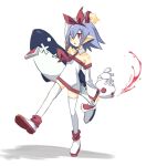  1girl arm_above_head bare_shoulders blue_hair blush bow bow_hairband breasts deal360acv detached_collar disgaea dress flat_chest full_body hair_between_eyes hairband holding holding_stuffed_toy medium_hair necktie open_mouth pleinair pointy_ears red_bow red_eyes red_necktie same-san short_dress smile solo standing stuffed_animal stuffed_shark stuffed_toy thighhighs usagi-san white_dress white_thighhighs zettai_ryouiki 