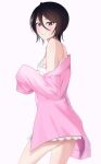  1girl absurdres backboob bare_shoulders black_hair bleach blush breasts closed_mouth commentary_request cowboy_shot double-parted_bangs dress eyelashes from_side gwao_(_ul_13) hair_between_eyes hand_up highres korean_commentary kuchiki_rukia looking_at_viewer pajamas pink_pajamas purple_eyes short_hair simple_background sleeveless sleeveless_dress sleeves_past_fingers sleeves_past_wrists small_breasts smile solo spaghetti_strap straight_hair sundress tsurime white_background white_dress 