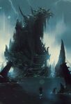  absurdres cave commentary cthulhu_mythos english_commentary highres kalmahul light night no_humans ocean scenery ship stairs statue storm thunder water watercraft 