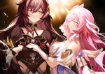  2girls annnnq bare_shoulders black_dress black_gloves breasts closed_mouth clothing_cutout detached_sleeves dress eden_(honkai_impact) elbow_gloves elysia_(herrscher_of_human:ego)_(honkai_impact) elysia_(honkai_impact) gloves gradient_background highres honkai_(series) honkai_impact_3rd large_breasts long_hair looking_at_another multiple_girls pink_eyes pink_hair red_hair side_cutout smile very_long_hair white_gloves white_veil yellow_eyes 