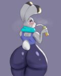  2024 anthro beverage big_butt blush bodily_fluids bottomwear butt butt_focus clothing disney drinking ears_up female hi_res huge_butt judy_hopps lagomorph leporid long_ears looking_at_viewer looking_back mammal oliburgob pants rabbit rear_view scut_tail short_tail solo sweat sweatdrop tail thick_thighs tight_bottomwear tight_clothing tight_pants wide_hips yoga_pants zootopia 