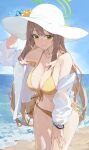  1girl absurdres beach bikini blue_archive bracelet breasts cleavage day front-tie_bikini_top front-tie_top green_halo halo hat highres jacket jewelry large_breasts light_brown_hair light_smile long_hair long_sleeves looking_at_viewer navel ni_de_pengyou nonomi_(blue_archive) nonomi_(swimsuit)_(blue_archive) ocean outdoors see-through see-through_jacket side-tie_bikini_bottom solo stomach string_bikini sun_hat swimsuit yellow_bikini 