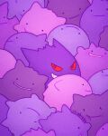 colored_sclera crowded ditto downscaled gengar grin looking_at_viewer lowres no_humans paid_reward_available pokemon pokemon_(creature) purple_eyes purple_fur purple_theme red_sclera resized rii_abrego smile solid_circle_eyes transformed_ditto 