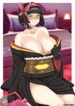  1girl absurdres bed black_gloves black_hair black_kimono blurry blurry_background blush breasts brown_corset cleavage commentary corset endrajager03 english_commentary eyebrows_hidden_by_hair full-face_blush gloves hairband hand_fan highres holding holding_fan japanese_clothes kimono kimono_pull lampshade large_breasts lipstick looking_ahead makeup mio_(tsuki_ga_michibiku_isekai_douchuu) open_mouth presenting_breasts red_hairband short_hair side_slit sitting smile solo teeth tsuki_ga_michibiku_isekai_douchuu yellow_eyes 