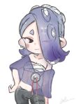  1girl ;) artist_name asymmetrical_hair blue_hair blush breasts chest_sarashi cleavage closed_mouth collarbone cowboy_shot earrings eyes_visible_through_hair hand_on_own_hip highres jewelry multiple_earrings octoling one_eye_closed plum0o0 poncho red_eyes sarashi see-through shiver_(splatoon) short_eyebrows signature simple_background smile solo splatoon_(series) splatoon_3 suction_cups tentacle_hair tooth_earrings white_background 