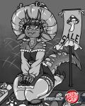  accessory anthro apron banner big_ears big_eyes clothing container eager flower flower_in_hair frilly frilly_clothing fungus giant_hat greyscale hair hair_accessory hands_on_lap horn invalid_tag jar kneeling kneeling_on_ground kobold legwear looking_at_viewer merchandise merchant monochrome multicolored_body mushroom mushroom_hat open_toe_stockings plant predaguy romper_suit scales scales_on_shoulder scaly_neck scaly_tail seiza sitting smile smiling_at_viewer snout stockings tail tail_motion tailwag thick_thighs two_tone_body wide_hips 
