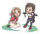  2girls aerith_gainsborough arm_guards bangs black_hair black_skirt boots bow braid braided_ponytail bright_pupils brown_footwear brown_hair chibi dress elbow_gloves elbow_pads eyebrows_visible_through_hair final_fantasy final_fantasy_vii fingerless_gloves gloves green_eyes hands_on_lap head_wreath jacket long_dress long_hair looking_at_another low-tied_long_hair midriff miniskirt multiple_girls navel open_mouth outstretched_arms pencil_skirt pink_bow pink_dress pleated_skirt puffy_short_sleeves puffy_sleeves red_footwear red_jacket ribbon shoelaces short_sleeves single_braid sitting skirt smile suspender_skirt suspenders tank_top thighhighs tifa_lockhart tsubobot wariza white_pupils white_tank_top 