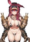  1girl alternate_costume animal_ears animal_print arknights bare_shoulders bikini blush breasts brown_gloves brown_jacket cleavage closed_mouth commentary_request cow_print cow_print_bikini cow_print_thighhighs ear_down gloves hands_up highres jacket korean_commentary large_breasts long_hair looking_at_viewer mwomwomwo navel off_shoulder open_clothes open_jacket print_bikini print_thighhighs purple_eyes rabbit_ears rabbit_girl ray_(arknights) red_hair simple_background skindentation solo stomach swimsuit thigh_gap thighhighs v visor_cap w white_background 