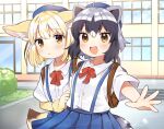  2girls alternate_costume animal_ears beret blonde_hair blue_hair blue_headwear blue_skirt blush bow bowtie collared_shirt commentary_request common_raccoon_(kemono_friends) cowboy_shot elbow_gloves eyebrows_visible_through_hair fennec_(kemono_friends) fox_ears fox_girl fox_tail fur_trim gloves grey_hair hat highres kemono_friends multicolored_hair multiple_girls pleated_skirt raccoon_ears raccoon_girl raccoon_tail red_neckwear school_uniform shirt short_hair short_sleeves skirt suicchonsuisui suspender_skirt suspenders tail white_shirt yellow_eyes 