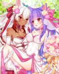 2girls :d animal_ears bare_shoulders blush bouquet breasts carrying cat_ears cat_tail cleavage collarbone commission commissioner_name covered_navel dark_skin dress elbow_gloves fang flower gloves grey_hair hair_flower hair_ornament hair_ribbon holding holding_bouquet large_breasts multiple_girls munlu_(wolupus) open_mouth original pink_flower pink_ribbon pink_rose princess_carry purple_hair red_eyes red_ribbon ribbon rose skeb_commission smile tail wedding_dress white_dress white_gloves yellow_flower yellow_rose 