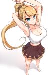  1girl arm_behind_head armpits arms_up bare_legs barefoot blonde_hair blue_eyes breasts cleavage collarbone commentary_request dawn_warrior_(maplestory) dulldull expressionless from_above gold_hairband hairband high_ponytail highres large_breasts long_hair looking_at_viewer maplestory midriff navel pleated_skirt ponytail purple_hairband shadow sidelocks simple_background skirt solo standing swept_bangs tank_top white_background 