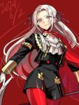  1girl axe breasts cape closed_mouth dated edelgard_von_hresvelg fire_emblem fire_emblem:_three_houses garreg_mach_monastery_uniform gloves hair_ornament hair_ribbon highres holding holding_axe holding_weapon lanlanlap long_hair long_sleeves pantyhose purple_eyes red_cape ribbon second-party_source serious smile weapon white_hair 