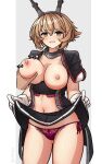  1girl arthur_ko black_skirt breasts breasts_out brown_hair clothes_lift collar commission cowboy_shot disembodied_hand flipped_hair grabbing grabbing_another&#039;s_breast green_eyes headgear highres kantai_collection large_breasts lifting_own_clothes metal_belt metal_collar miniskirt mutsu_(kancolle) mutsu_kai_ni_(kancolle) navel nipples panties pixiv_commission pleated_skirt red_panties short_hair side-tie_panties skirt skirt_lift solo_focus standing underwear 
