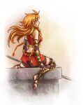  1girl alternate_costume armor bare_shoulders braid english_commentary feet fingernails freckles gold_armor hanging_legs holding holding_polearm holding_weapon les_chevaucheurs looking_to_the_side maxa&#039; midriff on_floor open_mouth phenice_walholl polearm red_armor sketch soles solo spear toes twin_braids warrior weapon white_background wind yellow_eyes 