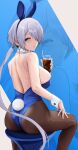  1girl animal_ears aqua_eyes ass back backless_leotard bare_shoulders blue_leotard breasts brid_(nikke) brown_pantyhose closed_mouth cup drinking_straw earrings fake_animal_ears fake_tail from_behind goddess_of_victory:_nikke grey_hair highres holding holding_cup ice ice_cube jewelry large_breasts leotard long_hair looking_back low_ponytail pantyhose playboy_bunny rabbit_tail sideboob sitting solo stool tail very_long_hair wrist_cuffs yamaneko_(tkdrumsco) zoom_layer 
