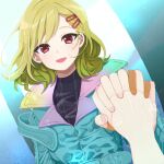  1other antenna_hair aqua_coat blonde_hair coat fingerless_gloves gloves gnosia hair_between_eyes hair_ornament hairclip highres looking_at_viewer nakaha_re open_mouth other_focus red_eyes setsu_(gnosia) short_hair smile turtleneck 