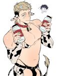  1boy animal_collar animal_ears animal_print bell bikini blonde_hair body_freckles bottle bulge chaps chibi chibi_inset closed_mouth collar commentary_request covered_nipples cow_boy cow_ears cow_horns cow_print cow_print_bikini cow_tail cowbell cowboy_shot dungeon_meshi ear_tag elbow_gloves fingerless_gloves freckles gloves hands_up highres holding holding_bottle horns kabru laios_touden looking_at_viewer male_focus milk_bottle neck_bell print_bikini red_collar short_hair simple_background smile solo_focus swimsuit tail thong_bikini tsmtsuki undercut very_short_hair white_background yellow_eyes 