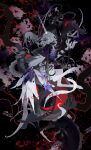  abstract abstract_background animal_legs blood commission green_eyes grey_hair highres hooves horns injury kamikiririp looking_at_viewer monster no_humans original scar solo white_fur white_wings wings 