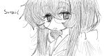  1girl blue_archive drooling english_text glasses greyscale long_hair monochrome open_mouth saliva simple_background sketch telekoi ui_(blue_archive) 