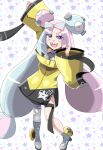  1girl blue_hair character_hair_ornament coat grey_footwear grey_pantyhose hair_ornament highres igarashi_gozo iono_(pokemon) long_hair looking_at_viewer magnemite multicolored_hair open_mouth pantyhose pink_hair pokemon pokemon_sv purple_eyes sharp_teeth single_leg_pantyhose sleeves_past_wrists smile teeth thigh_strap twintails two-tone_hair upper_teeth_only very_long_hair yellow_coat 