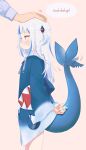  1girl :3 afterimage arms_behind_back blue_eyes blue_hair blue_hoodie blue_nails blush brown_background closed_mouth commentary_request drawstring english_text eurasia_(wtp09ptw14) fingernails fins fish_tail from_side gawr_gura gawr_gura_(1st_costume) hair_ornament headpat highres hololive hololive_english hood hoodie long_fingernails long_hair long_sleeves multicolored_hair nail_polish no_pants profile shark_girl shark_hair_ornament shark_print shark_tail sideways_mouth simple_background smile solo_focus speech_bubble standing streaked_hair tail tail_raised tail_wagging virtual_youtuber white_hair white_hood wide_sleeves 