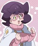  1girl big_hair breasts buttons capelet glasses green_eyes high-waist_skirt highres large_breasts long_sleeves loveycloud medium_breasts medium_skirt pencil_skirt pink-framed_eyewear pink_background pink_sweater pokemon pokemon_sm purple_hair ribbed_sweater skirt smile solo sweater turtleneck turtleneck_sweater upper_body white_capelet white_skirt wicke_(pokemon) 