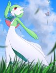  1girl absurdres arm_at_side arm_up blue_sky blurry blurry_foreground bob_cut cloud colored_skin commentary_request day dragon flat_chest from_below full_body gardevoir grass green_hair green_skin hair_over_one_eye highres kihada_magulo looking_back looking_up multicolored_skin one_eye_covered open_mouth outdoors partial_commentary pokemon pokemon_(creature) red_eyes salamence short_hair sky solo_focus standing two-tone_skin white_skin wind 