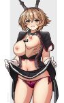  1girl arthur_ko black_skirt breasts breasts_out brown_hair clothes_lift collar commission cowboy_shot disembodied_hand flipped_hair grabbing grabbing_another&#039;s_breast green_eyes headgear highres kantai_collection large_breasts lifting_own_clothes metal_belt metal_collar miniskirt mutsu_(kancolle) mutsu_kai_ni_(kancolle) navel nipples panties pixiv_commission pleated_skirt red_panties short_hair side-tie_panties skirt skirt_lift solo_focus standing underwear 