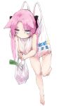 1girl absurdres animal_ears bag barefoot blush commentary floppy_ears grey_eyes hanging highres holding holding_bag jitome leg_up long_hair looking_at_viewer original parted_bangs pink_hair plastic_bag product_placement pugwit solo spring_onion thigh_gap walmart water_drop 