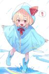  ! 1girl absurdres blonde_hair blue_footwear blue_raincoat blush boots buttons commentary fang hair_between_eyes highres hood hood_up open_mouth puddle rain_poncho rainbow red_eyes red_ribbon ribbon rubber_boots rumia short_hair skin_fang smile solo spoken_exclamation_mark symbol-only_commentary touhou yubayuki 