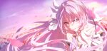  1girl absurdres arm_strap bare_shoulders blurry blurry_background bridal_veil chinese_commentary commentary_request diamond-shaped_pupils diamond_(shape) elysia_(herrscher_of_human:ego)_(honkai_impact) elysia_(honkai_impact) field flower flower_field gloves hair_between_eyes hair_intakes highres holding holding_flower honkai_(series) honkai_impact_3rd long_hair looking_at_viewer open_mouth outdoors pink_flower pink_hair pink_petals purple_eyes shade smile solo symbol-shaped_pupils veil very_long_hair white_gloves white_veil zhong_er_bing 