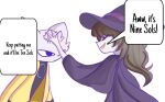  anthro clothing dialogue duo female fur hat headgear headwear hi_res human male mammal mouthless nine_sols petting purple_clothing red_candle_games robe simple_background speech_bubble threatening unknown_artist white_background white_body white_fur witch_hat yellow_clothing yi_(nine_sols) 