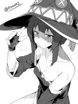  1girl absurdres bare_shoulders blush breasts collarbone dress fingerless_gloves gloves grey_background greyscale half-closed_eyes hat highres kono_subarashii_sekai_ni_shukufuku_wo! long_sleeves looking_at_viewer megumin monochrome re:ankh_(mrsz4523) simple_background small_breasts sweat v witch_hat 