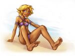  1girl bare_shoulders barefoot beach bikini blonde_hair blue_background blue_eyes blush breasts commentary_request dark-skinned_female dark_skin feet fingernails gradient_background looking_at_viewer maxa&#039; medium_hair messy_hair on_floor purple_bikini sand shadow shiny_skin sketch small_breasts smile soles solo swimsuit tan tild_-_mage_a_louer tild_framith toenails toes tomboy white_background 