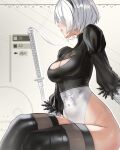  1girl 2b_(nier:automata) absurdres black_hairband black_leotard black_thighhighs breasts character_name cleavage cleavage_cutout clothing_cutout covered_navel feather-trimmed_sleeves hairband highleg highleg_leotard highres leotard mole mole_under_mouth nier:automata nier_(series) short_hair solo sword thighhighs two-tone_leotard waligner weapon white_hair white_leotard 