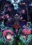  1girl black_shirt bow cloak commentary_request crescent_moon disembodied_head forest grass hair_bow highres long_sleeves looking_at_viewer moon multiple_heads nature open_mouth outdoors red_eyes red_hair red_skirt sekibanki sekibanki_day shioshio_(betabetarimocon) shirt skirt standing touhou tree 