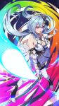  1girl absurdres bare_shoulders blue_hair blue_lightsaber blush boots breasts cleavage_cutout clothing_cutout cruzvu dress energy_sword full_body gloves griseo griseo_(cosmic_expression) hair_ornament high_heel_boots high_heels highres holding holding_lightsaber honkai_(series) honkai_impact_3rd large_breasts light_blue_hair lightsaber long_hair looking_at_viewer open_mouth purple_eyes solo sword weapon white_dress white_gloves white_sleeves 