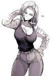  1girl adjusting_hair android_18 belt belt_buckle black_shirt breasts buckle cleavage denim dragon_ball dragon_ball_z earrings expressionless hand_on_hip highres hoop_earrings jeans jewelry large_breasts long_sleeves medium_hair monochrome pants shirt simple_background sketch takatsuki_ichi white_hair white_sleeves 