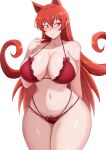  1girl azazel_ameri blush bra breasts curvy highres huge_breasts long_hair looking_to_the_side mairimashita!_iruma-kun navel panties pointy_ears red_bra red_eyes red_hair red_panties simple_background sleeptopi solo thick_thighs thighs underwear white_background wide_hips 