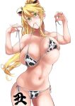 1girl animal_ears animal_print areola_slip areolae artoria_pendragon_(all) artoria_pendragon_(lancer)_(fate) bangs bare_shoulders bikini blonde_hair blush body_writing braid breasts cleavage collarbone covered_nipples cow_ears cow_horns cow_print fate/grand_order fate_(series) french_braid green_eyes hair_between_eyes horns large_areolae large_breasts long_hair looking_at_viewer navel ponytail sidelocks simple_background soba_(saz) swimsuit thighs unaligned_breasts untied untied_bikini white_background white_bikini 
