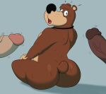  2024 absurd_res anthro banjo-kazooie banjo_(banjo-kazooie) bear big_butt big_penis black_nose blue_eyes bodily_fluids brown_body brown_ears brown_fur brown_hair brown_tail butt colossalstars digital_media_(artwork) erection fur genitals grey_background group hair hi_res jewelry looking_at_genitalia looking_at_penis looking_back male male/male mammal multicolored_body multicolored_fur necklace nude penis rareware rear_view short_tail simple_background sitting surprise surprised_expression sweat tail thick_thighs tongue trio two_tone_body two_tone_fur vein veiny_penis 