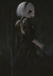  1girl 2b_(nier:automata) back_cutout black_dress black_gloves black_hairband breast_cutout breasts clothing_cutout covered_eyes dark_background dress gloves hair_over_eyes hairband highres leotard looking_to_the_side nier:automata nier_(series) open_mouth reiartdayo short_hair sideboob simple_background swept_bangs white_hair 