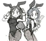  2girls aerith_gainsborough alternate_costume animal_ears bangs bare_shoulders blush bow bowtie braid breasts bunny_ears bunny_tail commentary_request detached_collar fake_animal_ears fake_tail final_fantasy final_fantasy_vii fishnet_legwear fishnets greyscale leotard long_hair looking_at_viewer low-tied_long_hair monochrome multiple_girls pantyhose playboy_bunny single_braid sketch smile sweatdrop tail tifa_lockhart tsubobot wrist_cuffs 