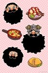  1boy alternate_species asd4486 beard blush_stickers brown_hair chibi chibi_only cooking cropped_head dungeon_meshi dwarf expressions facial_hair fake_horns fluffy food frown helmet horned_helmet horns long_beard male_focus mustache pink_background pizza sanpaku senshi_(dungeon_meshi) senshi_(half-foot)_(dungeon_meshi) thick_mustache very_long_beard wok 