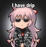  black_jacket black_shirt bow chibi drip_(meme) english_commentary english_text fujiwara_no_mokou hair_between_eyes hair_bow jacket jokanhiyou long_hair long_sleeves lowres meme meme_attire open_clothes open_jacket shirt silver_hair sunglasses supreme the_north_face touhou very_long_hair 